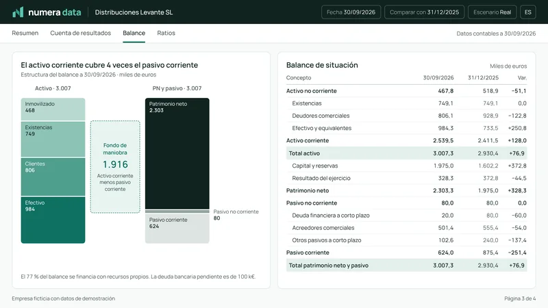 Página Balance con la estructura del balance y el fondo de maniobra.
