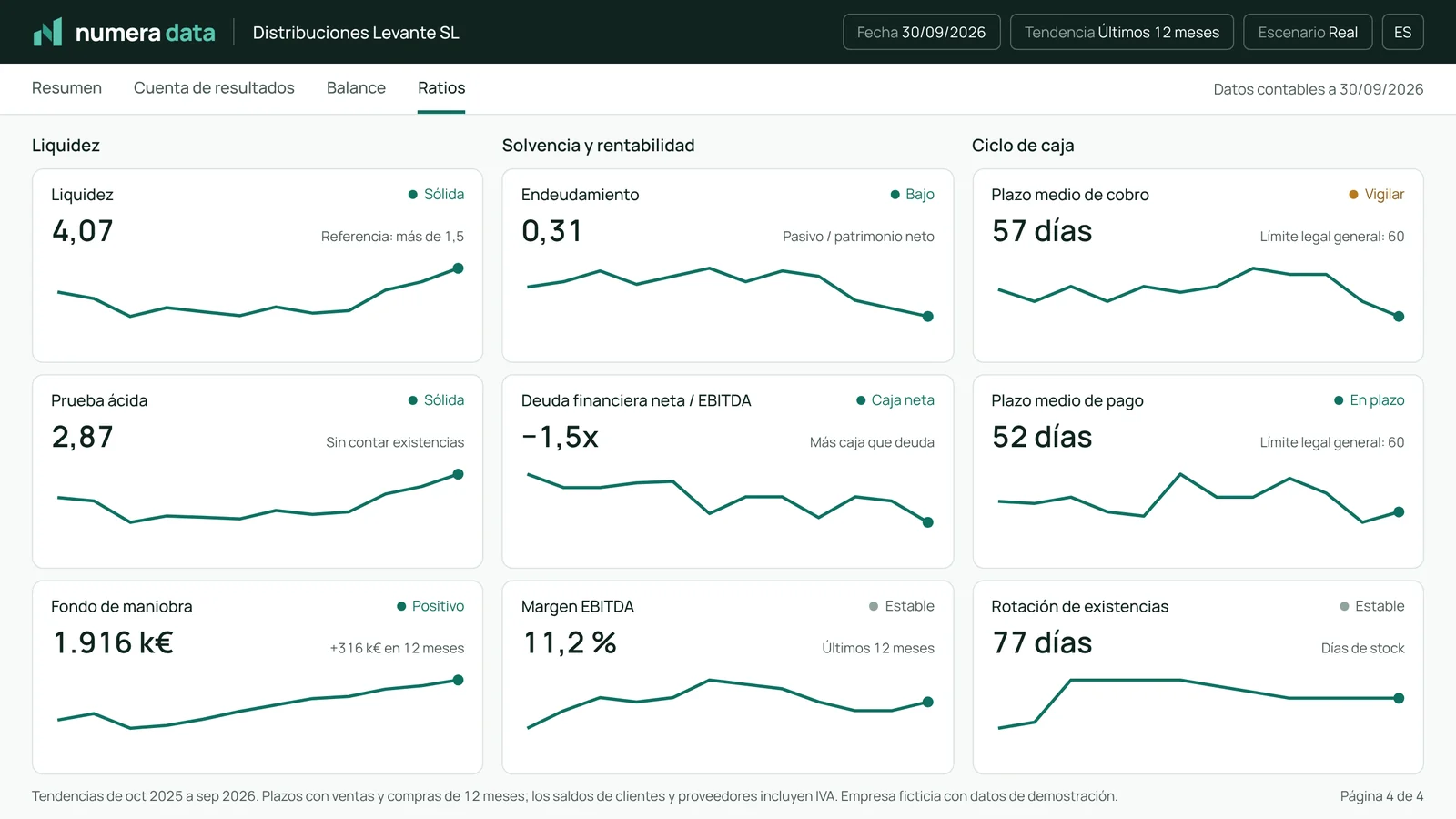 Página Ratios: liquidez, prueba ácida, fondo de maniobra, endeudamiento, deuda neta sobre EBITDA, margen EBITDA y plazos de cobro, pago y stock.